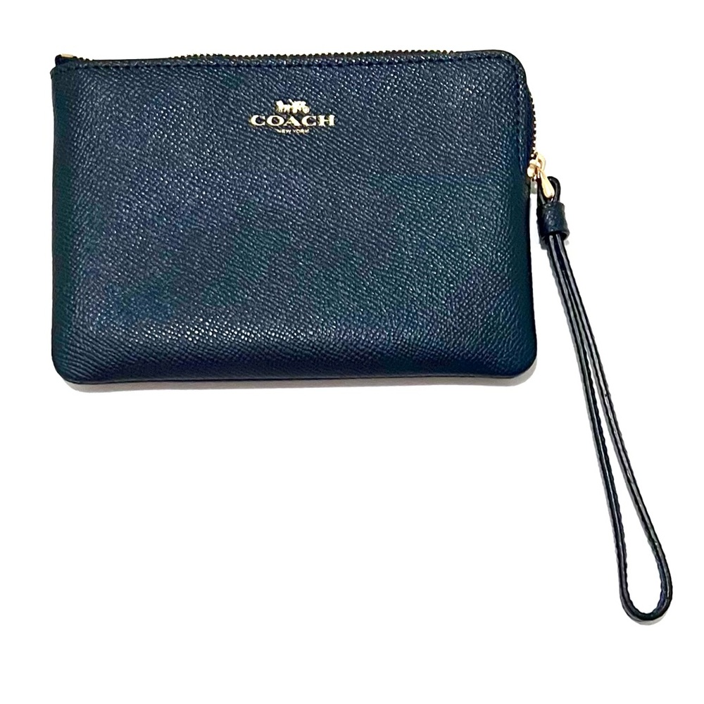Coach corner zip wristlet, Midnight, gold embossing signature Coach emblem